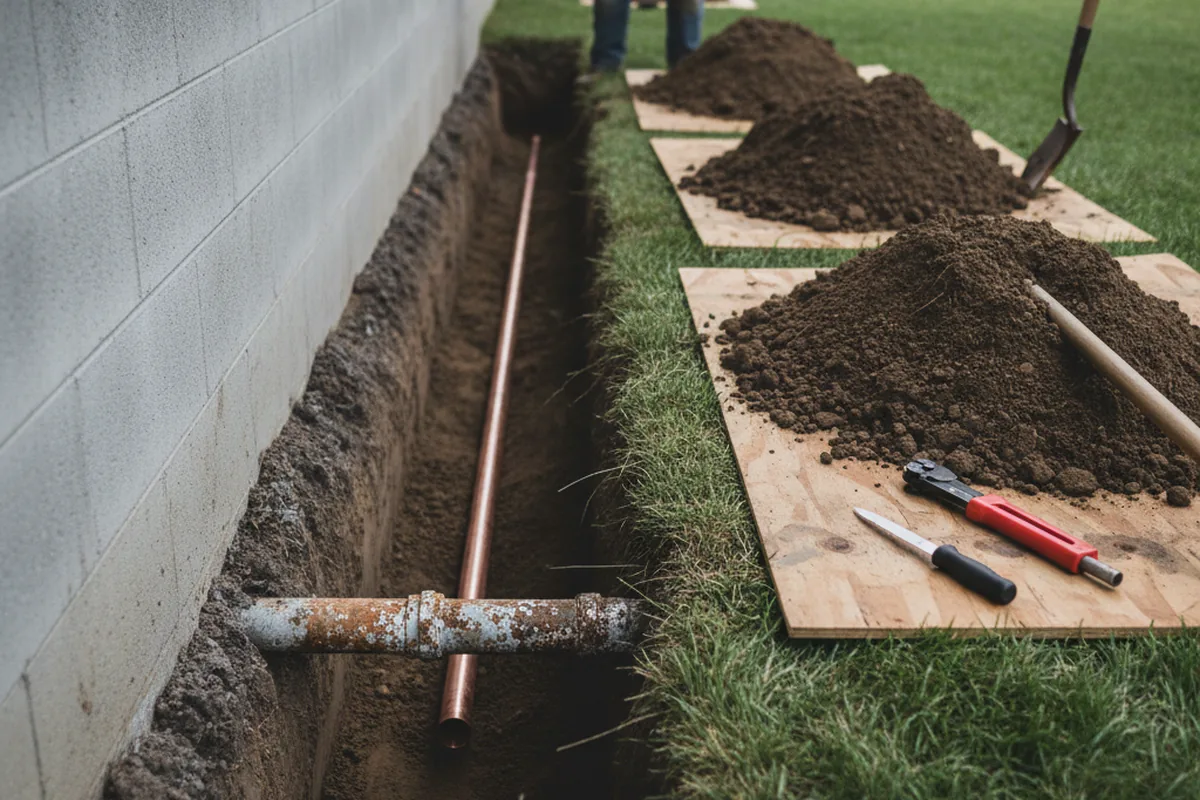 Excavated water line trench during Water Softener Installation in Old Washington